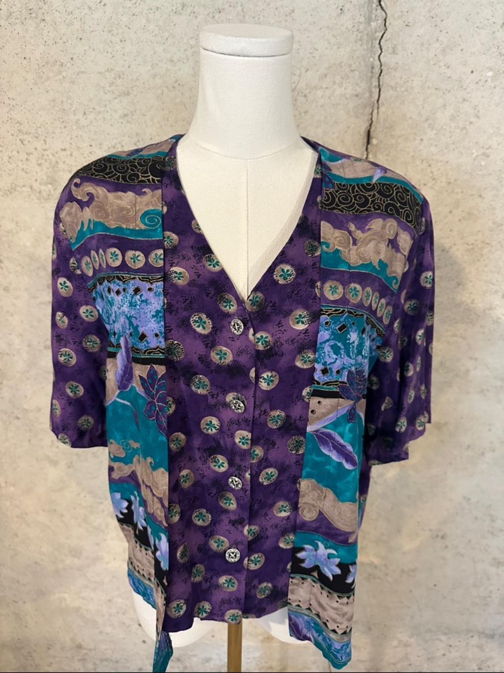 Bentley VTG 90s Artsy Purple Teal Button Front Blouse Eclectic Grandma Size M